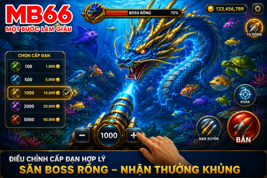 Người chơi điều chỉnh cấp đạn để săn Boss Rồng trong Bắn Cá Rồng