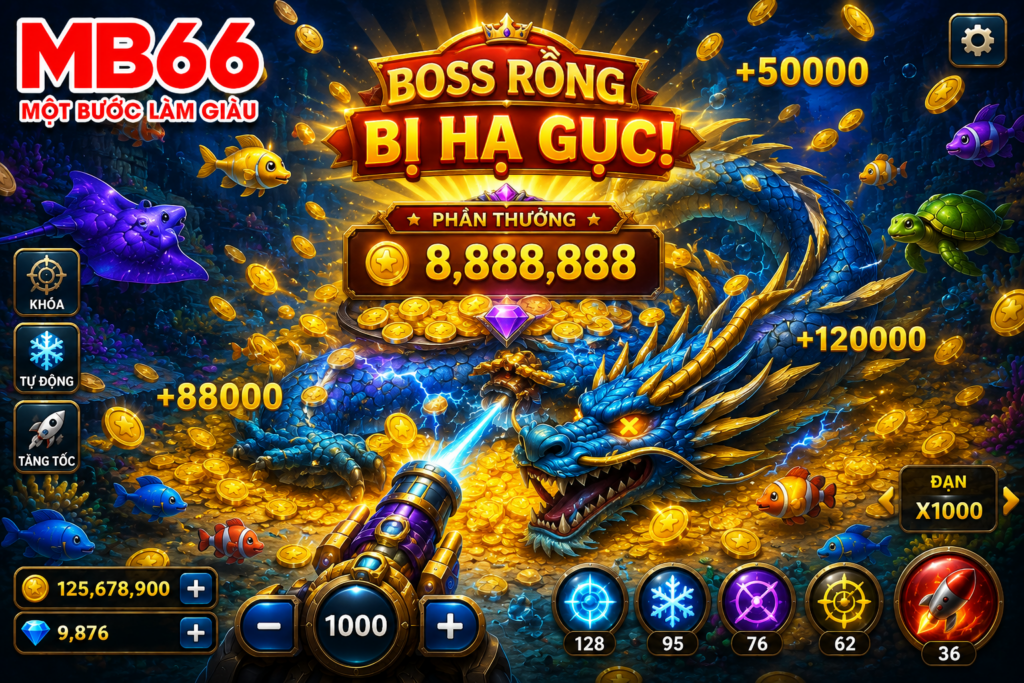 Boss Rồng bị hạ gục với hiệu ứng xu vàng và phần thưởng xuất hiện