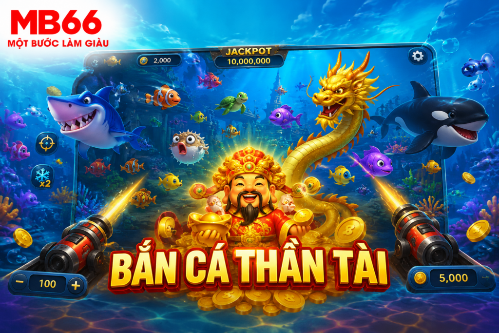 Giao diện Bắn Cá Thần Tài với đại dương rực rỡ và nhiều loài cá xuất hiện