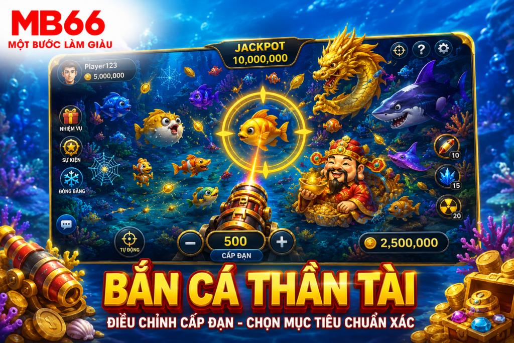Người chơi điều chỉnh cấp đạn và lựa chọn mục tiêu trong Bắn Cá Thần Tài