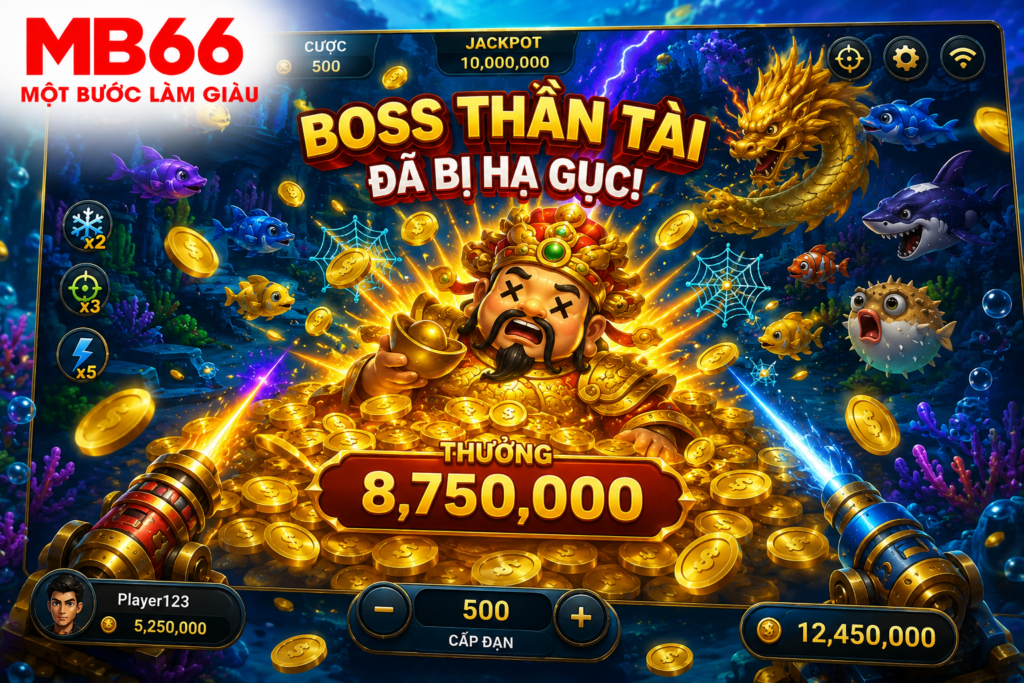 Boss Thần Tài bị hạ gục với hiệu ứng xu vàng và phần thưởng xuất hiện trên màn hình