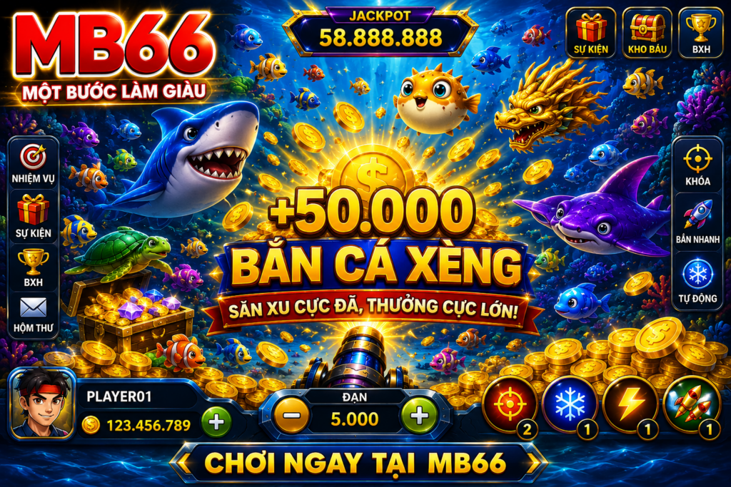 Giao diện Bắn Cá Xèng với đại dương rực rỡ, nhiều loài cá và hiệu ứng xu vàng xuất hiện.