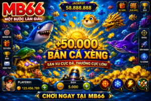 Giao diện Bắn Cá Xèng với đại dương rực rỡ, nhiều loài cá và hiệu ứng xu vàng xuất hiện.