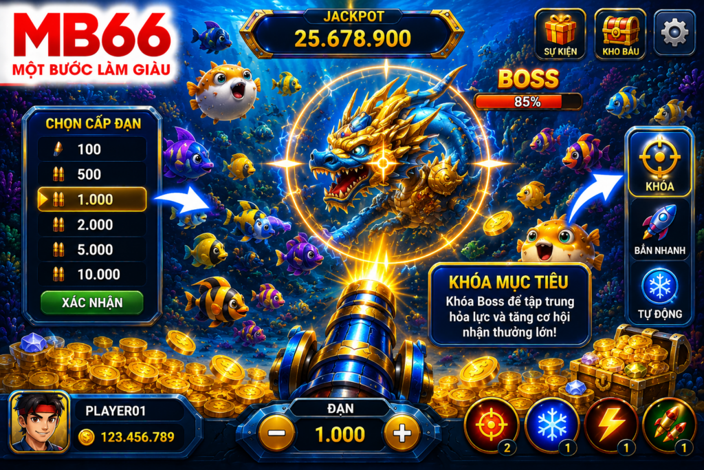 Người chơi điều chỉnh cấp đạn và khóa mục tiêu trước khi săn Boss trong Bắn Cá Xèng.