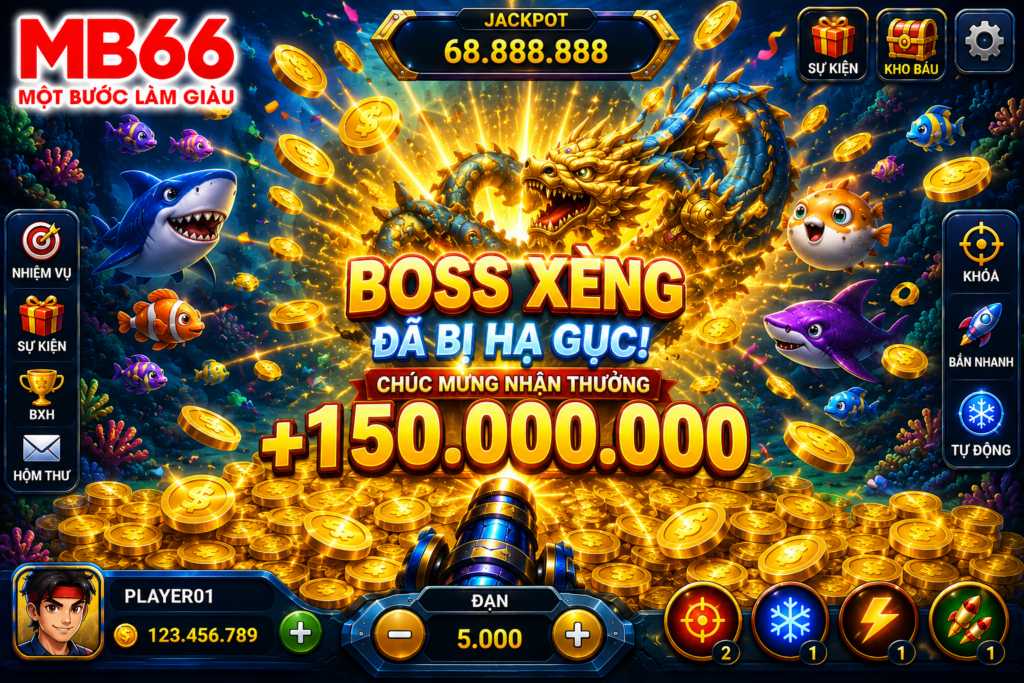 Boss Xèng bị hạ gục với hiệu ứng xu vàng bùng nổ và phần thưởng xuất hiện trên màn hình.