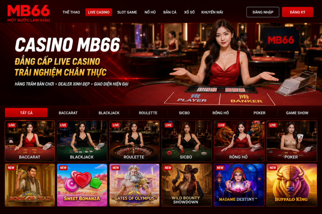 Giao diện chuyên mục Casino MB66 với bàn Live Casino hiện đại
