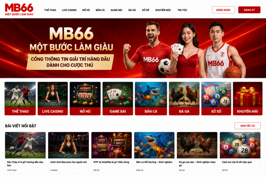 Giao diện trang chủ MB66 với các chuyên mục nổi bật