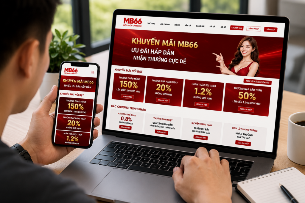 Người chơi theo dõi chuyên mục Khuyến Mãi MB66 trên điện thoại và máy tính
