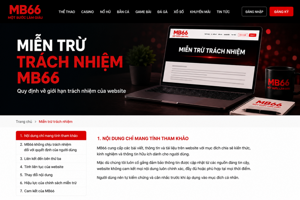 Giao diện trang Miễn Trừ Trách Nhiệm MB66 trên website