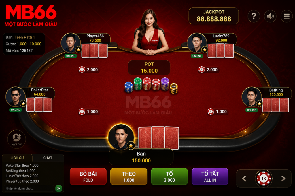 Giao diện Teen Patti giúp người chơi theo dõi bài, pot và các lựa chọn cược trong từng vòng.